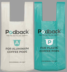 A white carrier bag with an 'A' for aluminium coffee pods and a teal coloured bag with a 'P' for plastic coffee pods