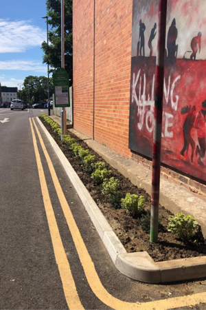 Entrance to High Street car park showing plants at the edge