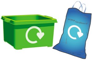 Green recycling box and blue bag for card