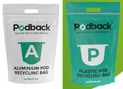 A white sealable bag with an 'A' for aluminium coffee pods and a teal coloured bag with a 'P' for plastic coffee pods
