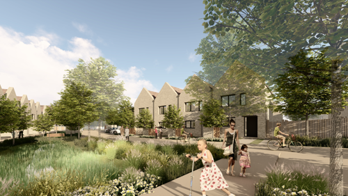 CGI artist impression of the former monkscroft school development, row of houses surrounded by trees, greenery and people on scooters and walking on the path