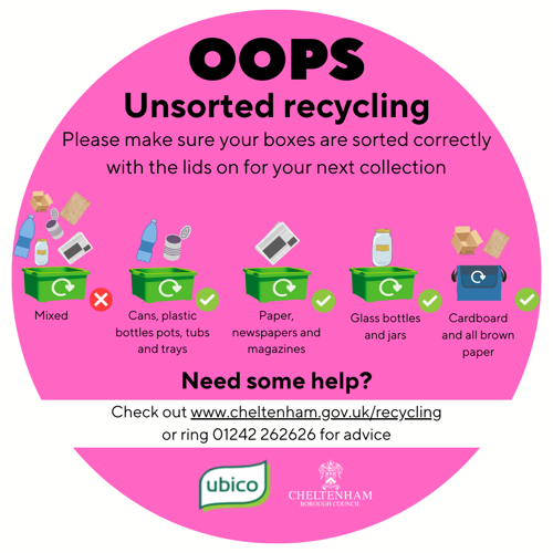 Unsorted recycling sticker - Pink sticker with text reading 'Oops, unsorted recycling. Please make sure your boxes are sorted correctly with lids on for your next collection'