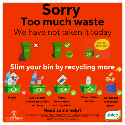 Too much waste sticker - Red sticker with text reading 'Sorry, too much waste. We have not taken it today. Slim your bin by recycling more'